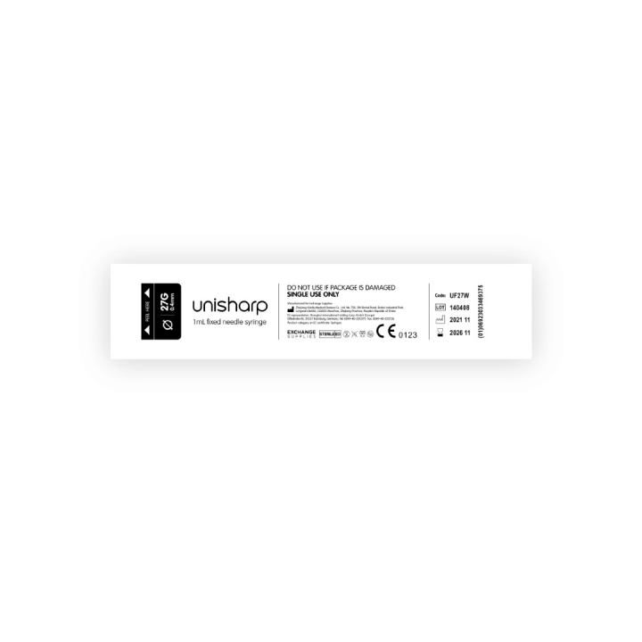 Unisharp 1ml 27G 0.5" fixed needle syringe: White