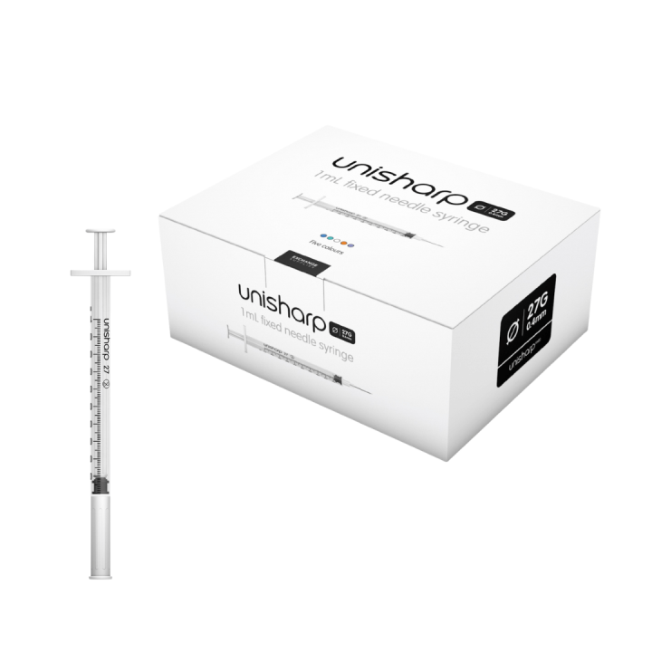 Unisharp 1ml 27G 0.5" fixed needle syringe: White