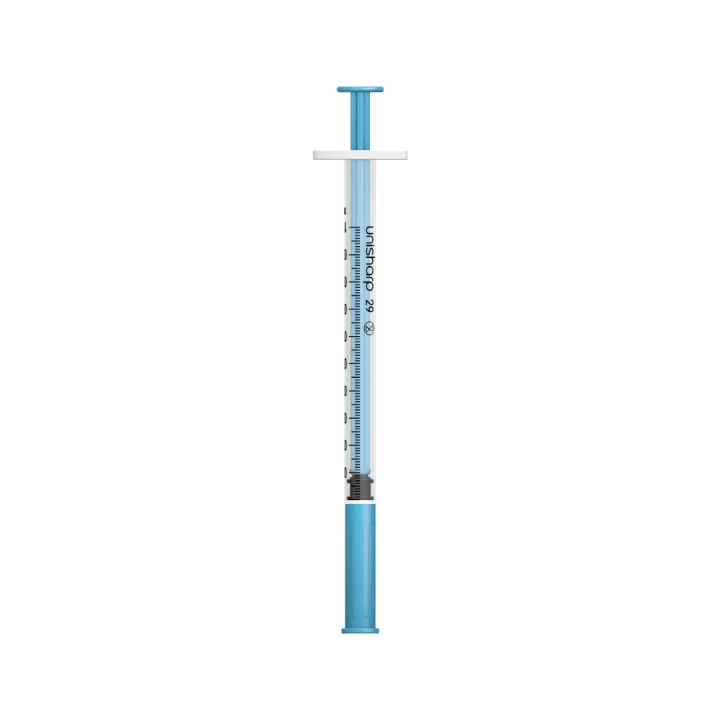 Unisharp 1ml 29G 0.5" fixed needle syringe: blue