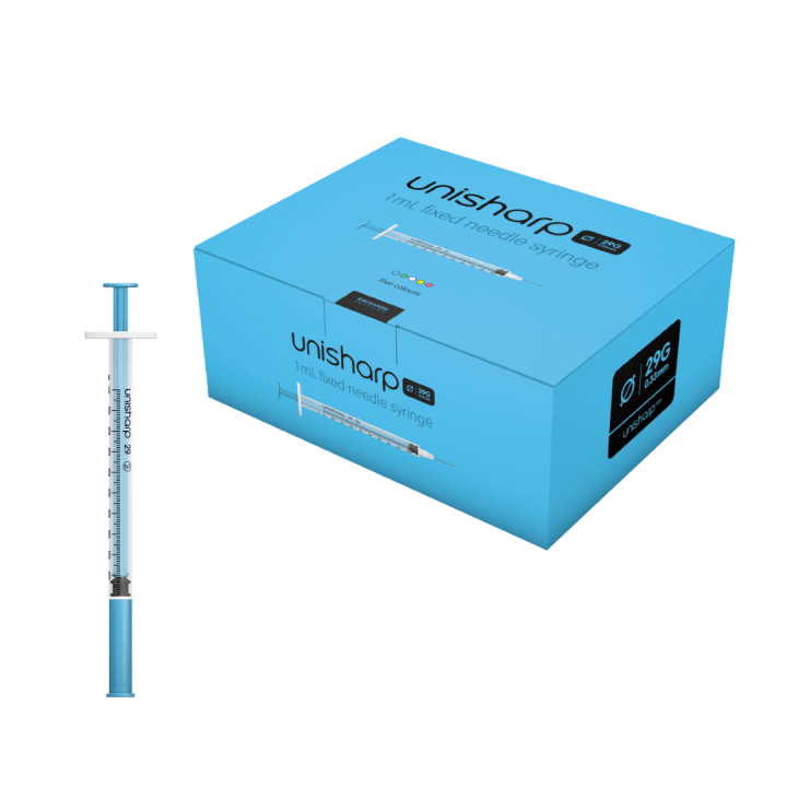 Unisharp 1ml 29G 0.5" fixed needle syringe: blue