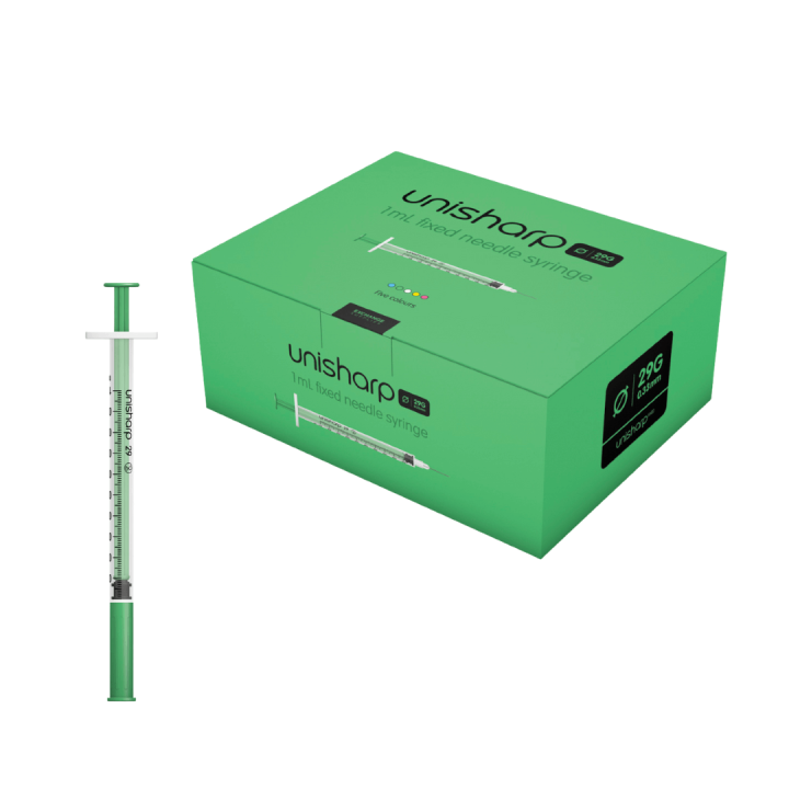 Unisharp 1ml 29G 0.5" fixed needle syringe: green