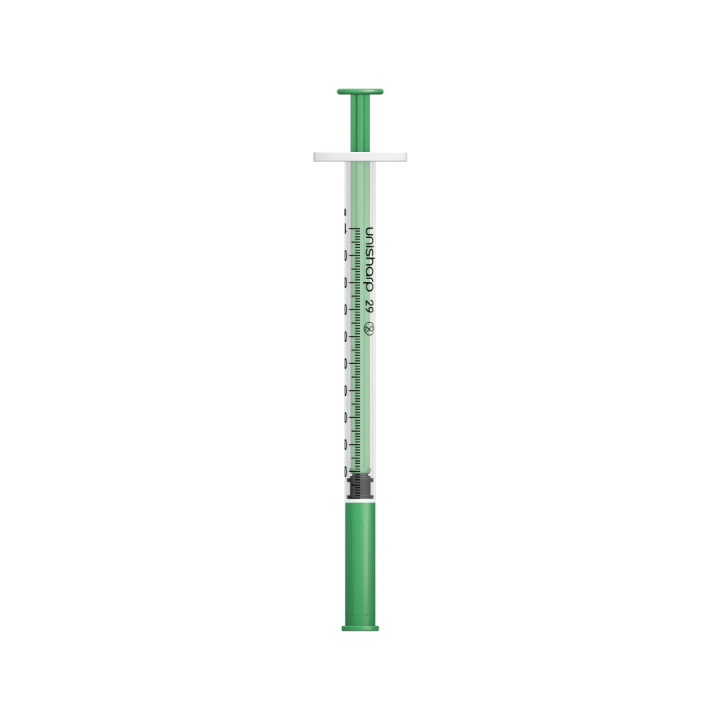 Unisharp 1ml 29G 0.5" fixed needle syringe: green