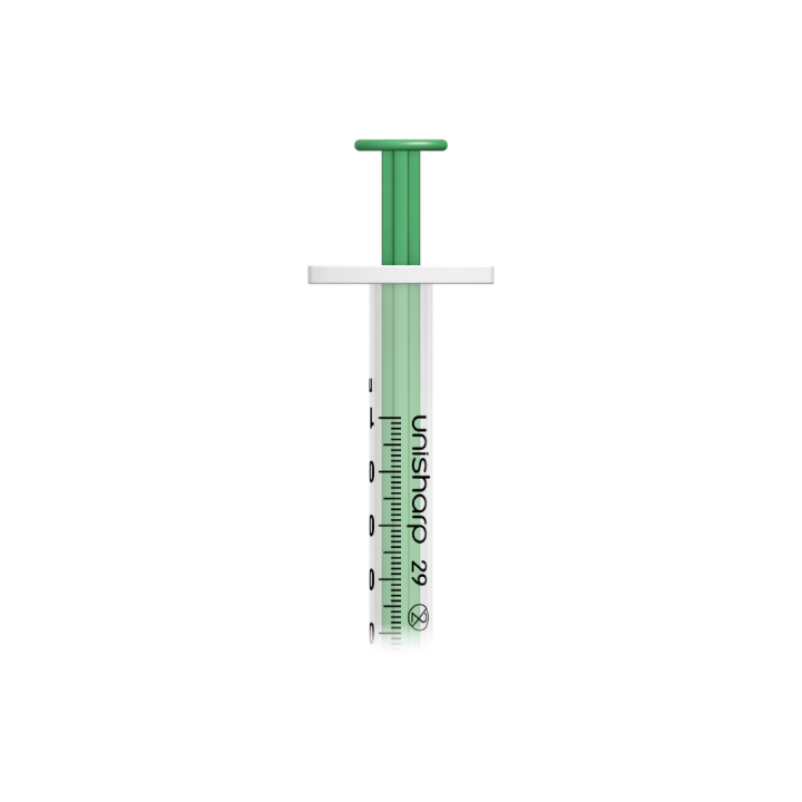 Unisharp 1ml 29G 0.5" fixed needle syringe: green