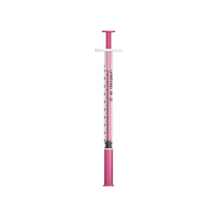 Unisharp 1ml 29G 0.5" fixed needle syringe: pink