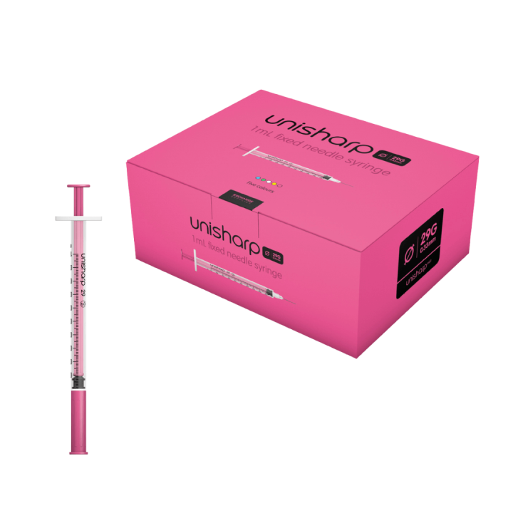 Unisharp 1ml 29G 0.5" fixed needle syringe: pink