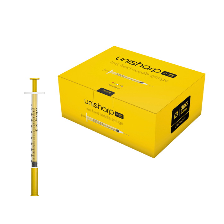 Unisharp 1ml 30G 0.5" fixed needle syringe: Gold