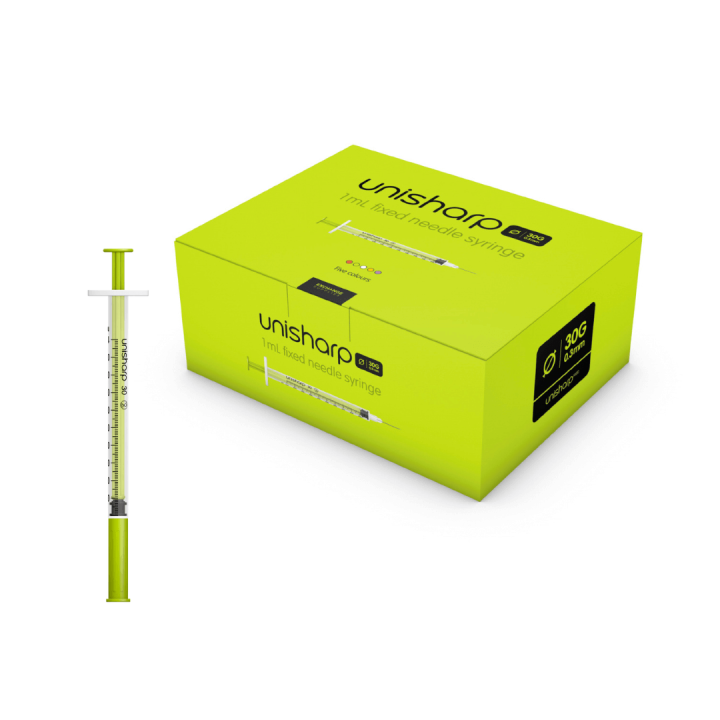 Unisharp 1ml 30G 0.5" fixed needle syringe: lime green