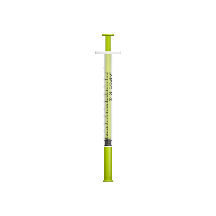 Unisharp 1ml 30G 0.5" fixed needle syringe: lime green