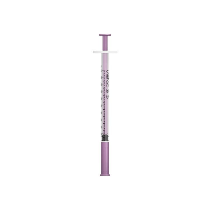 Unisharp 1ml 30G 0.5" fixed needle syringe: Purple