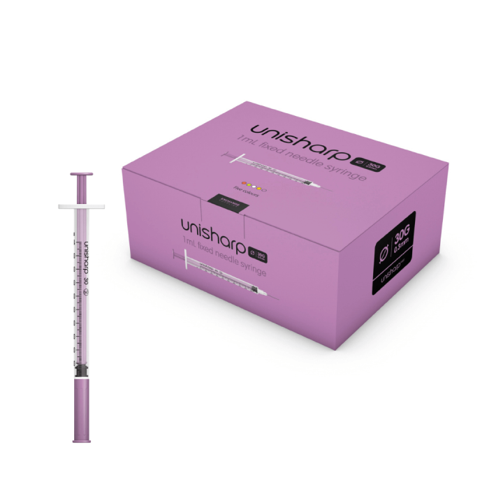 Unisharp 1ml 30G 0.5" fixed needle syringe: Purple