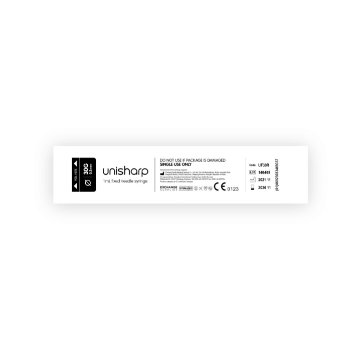 Unisharp 1ml 30G 0.5" fixed needle syringe: Red