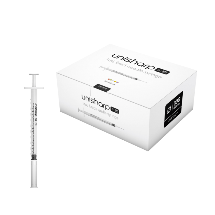 Unisharp 1ml 30G 0.5" fixed needle syringe: White