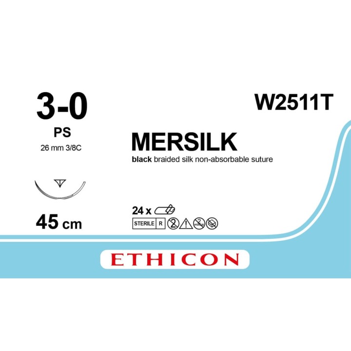 W2511T - MERSILK BLACK 3/0 (45CM) 26MM ⅜ CURVED REVERSE CUTTING P  NEEDLE