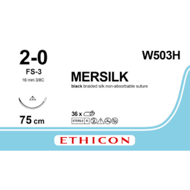 W503H - MERSILK BLACK 2/0 (75CM) 16mm ⅜ CIRCLE CONVENTIONAL NEEDLE